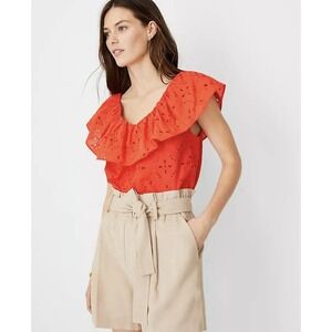 Ann Taylor Top Women Extra Large Orange Eyelet Lace Off Shoulder Sleeveless Crop